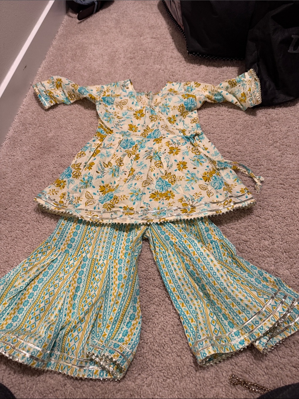 Girls Floral Tunic & Patterned Flared Pants Set - Blue & Yellow